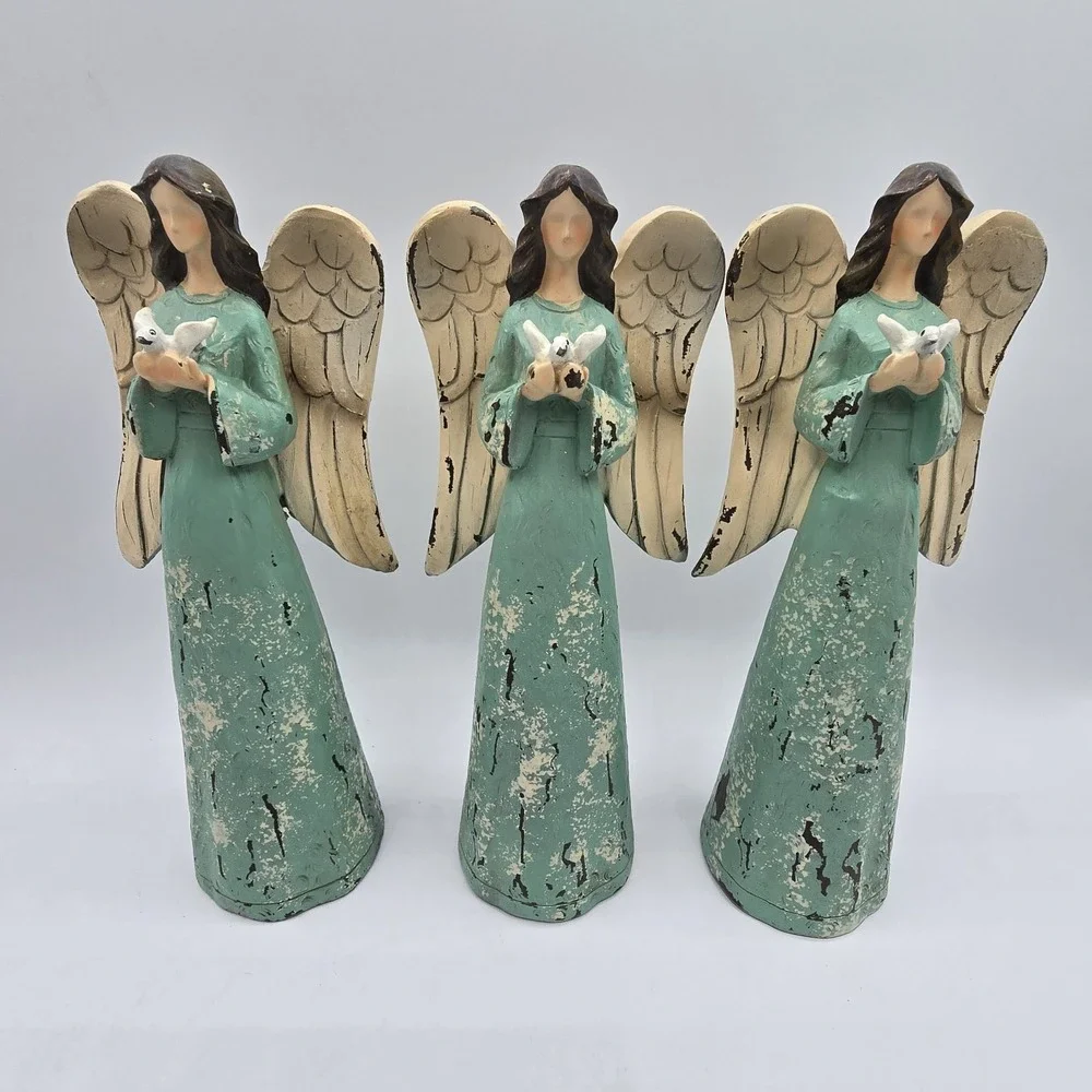 Set Of 3 Angel Figurines Pray Dove Rustic Christmas Home Decor